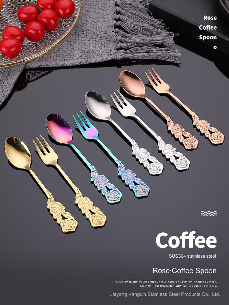 Portuguese Elegant Gold Plated Tableware Coffee Spoon Color Wedding Gift Cutlery 304 Stainless Steel Rose Spoon Fork Set