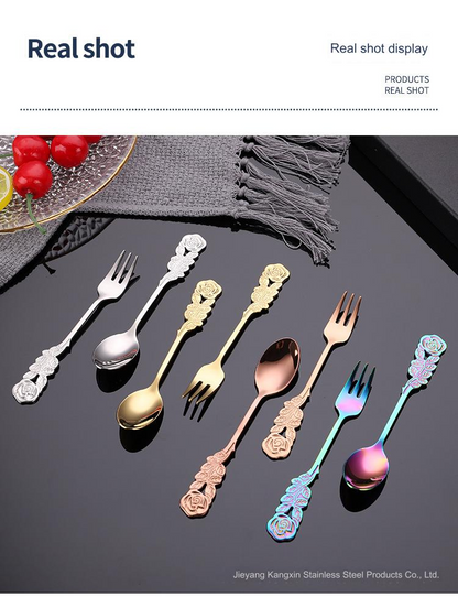 Hot Sale Classic Coffee Spoon Fork Set Stainless Steel Flatware Sets Gold Portable 2pcs Cutlery Set Gift