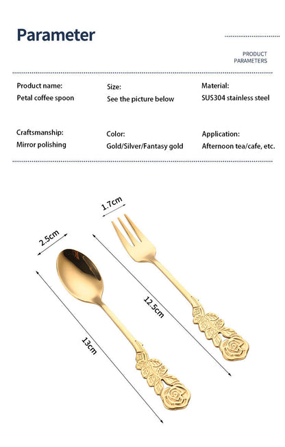 Wedding Gift Set Stainless Steel Coffee Rose Spoon Metal Flatware Lucky-Design Flower Spoon Fork Set Coffee Dessert Use