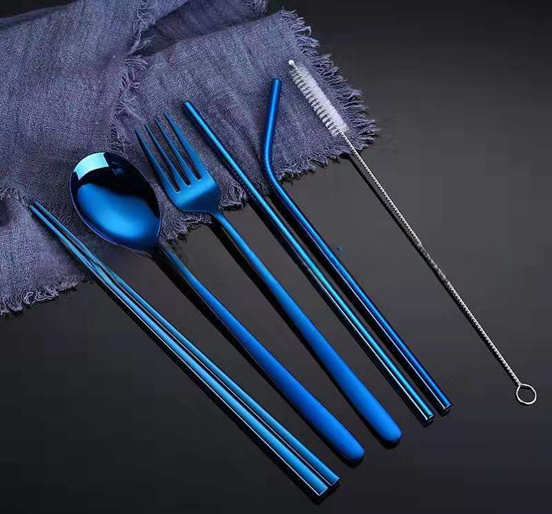 Korean style 304 creative household chopsticks spoon fork straw portable stainless steel tableware set