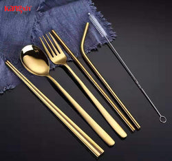 Korean style 304 creative household chopsticks spoon fork straw portable stainless steel tableware set